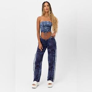 NWOT Frankies Bikinis Women's Blue Patchwork Print Sheer Mesh Pants Size S  b36